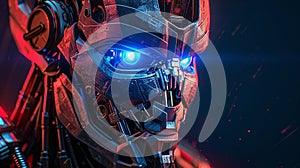 Futuristic Robot Portrait with Glowing Blue Eye in Dramatic Red Lighting