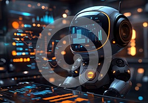 Futuristic robot presenting interactive data in a digital environment