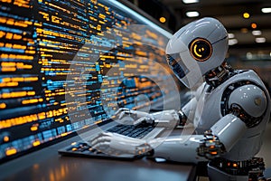 Futuristic Robot Programming AI Interacting with Digital Code in Tech Environment Generative AI