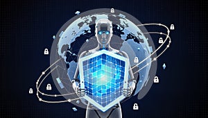 Futuristic robot protecting the world with a shield of data security
