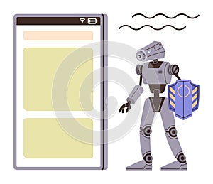 Futuristic Robot with Shield Guarding a Mobile Interface Display