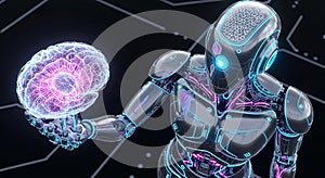 Advanced robot holding glowing artificial intelligence brain concept future technology