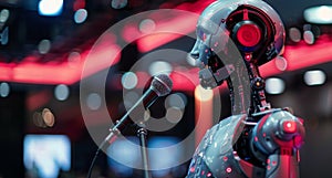 Futuristic Robot Speaking at a Technology Conference