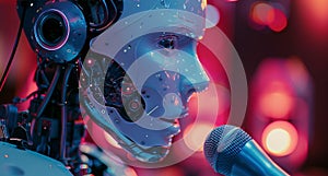 Futuristic Robot Speaking at a Technology Conference