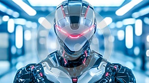 Futuristic robot standing in a corridor with led lights