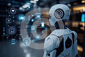 Futuristic robot standing in front of a digital AI network, showcasing advanced technology and innovation in artificial