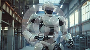 Futuristic Robot Standing in an Industrial Warehouse