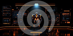 Futuristic Robot in Control Room with Orange Neon Interface