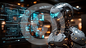 A futuristic robot stands before a digital interface displaying data and analytics