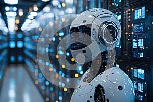 futuristic robot stands in high tech data center, showcasing advanced AI technology and digital interfaces