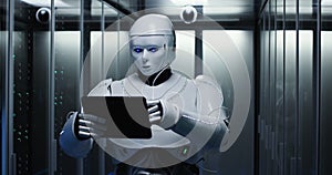 Futuristic robot with tablet in server room