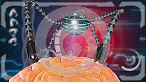 Futuristic robot with tentacles and human brain . Medical concept anatomical future
