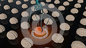 Futuristic robot with tentacles and human brain . Medical concept anatomical future