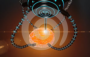 Futuristic robot with tentacles and human brain . Medical concept anatomical future. HUD background