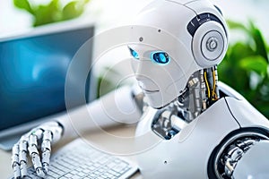 Futuristic robot typing on keyboard in bright office environment