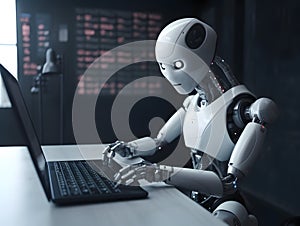 Futuristic robot using computer. AI generated