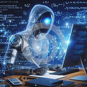 Futuristic robot using computer to code in a high-tech environment