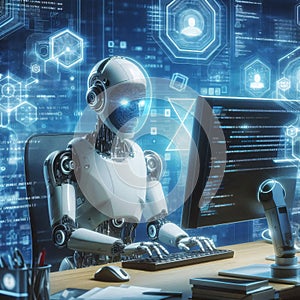 Futuristic robot using computer to code in a high-tech environment