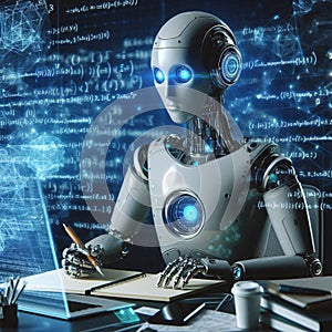 Futuristic robot using computer to code in a high-tech environment