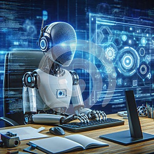 Futuristic robot using computer to code in a high-tech environment