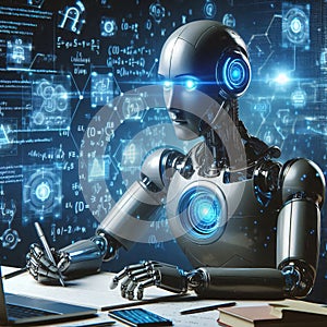Futuristic robot using computer to code in a high-tech environment