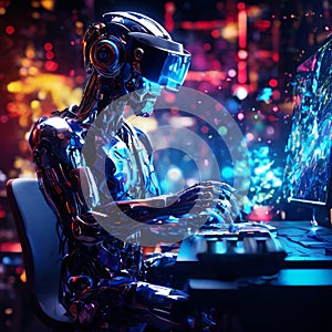 Futuristic robot using a computer in a vibrant digital environment