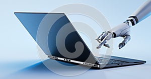 Futuristic Robot Using Laptop - AI Artificial Intelligence, Technology and Automation Concept