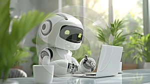 A Futuristic Robot Using Laptop in a Bright Modern Room with Green Plants Around. photo
