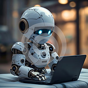 Futuristic robot utilizes laptop, symbolizing artificial intelligence revolution