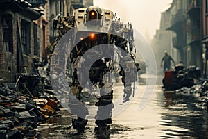 Futuristic robot walks on destroyed city street at post apocalypses