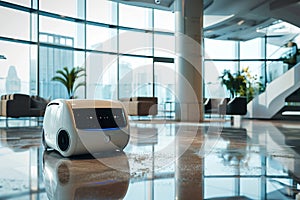 Futuristic robot washing machine is washing office floor