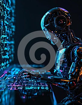 Futuristic robot working on a complex digital interface in dark setting