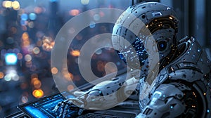 Futuristic robot working on computer - generative ai
