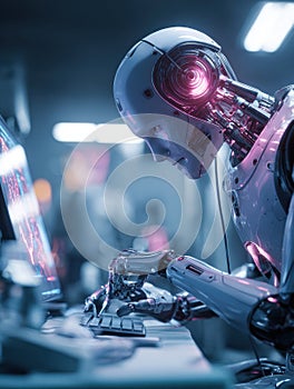 Futuristic Robot Working Intently on a Computer in a High-Tech Environment