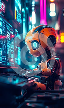 Futuristic Robot Using Computer with Neon Lights