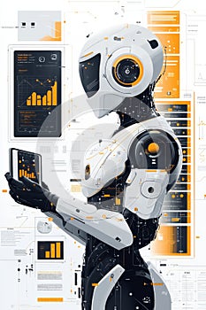 Futuristic robotic AI analyzing data on a digital interface screen