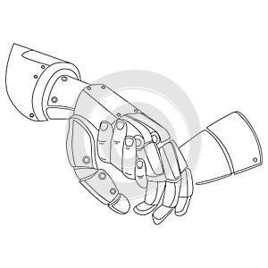 Futuristic robotic android hand holding human child hand Line art drawing.Artificial intelligence helps people.Vector