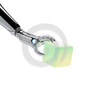 Futuristic robotic arm holding glowing cube, innovation and technology concept, artificial intelligence