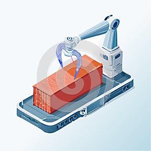 Futuristic Robotic Arm Handling Shipping Container