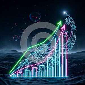 Futuristic robotic arm holding upward trending growth chart with gears and glowing digital elements