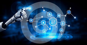 Futuristic robotic arm interacting with digital interface, showcasing technology, data visualization, and artificial