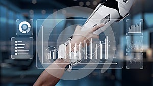 Advanced robotic arm analyzing data trends with digital graphs and charts in modern office setting showcasing technology