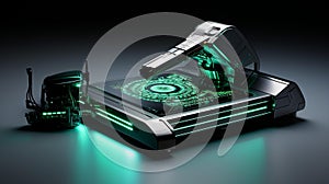 Futuristic Robotic Arm Securing Digital Vault - Intricate Design, Green Binary Code