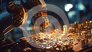 Futuristic robotic arm soldering computer chips in manufacturing industry generated by AI