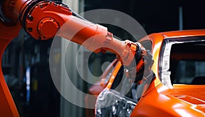 Futuristic robotic arm working on machinery in steel factory generated by AI