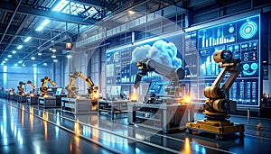 Futuristic Robotic Assembly Line with Data Visualization