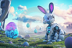 A futuristic, robotic Easter Bunny scanning the horizon, its mechanical ears twitching as photo