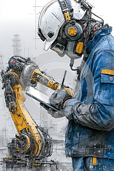 Futuristic robotic engineer operating a tablet in industrial setting