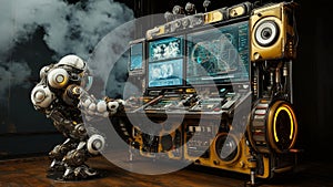 futuristic robotic engineer working at advanced control station