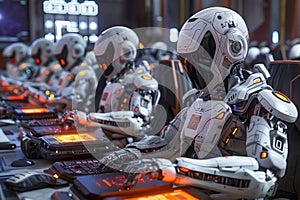 Futuristic Robotic Entities Engaged in High Tech Operations at a Computerized Control Center